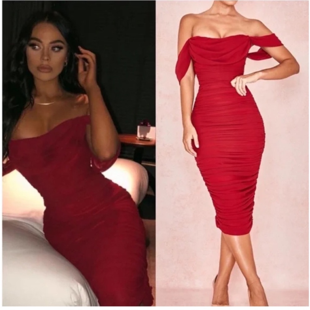 Like New House of CB Carlotta Red Ruched Off the Shoulder Midi Dress Bodycon